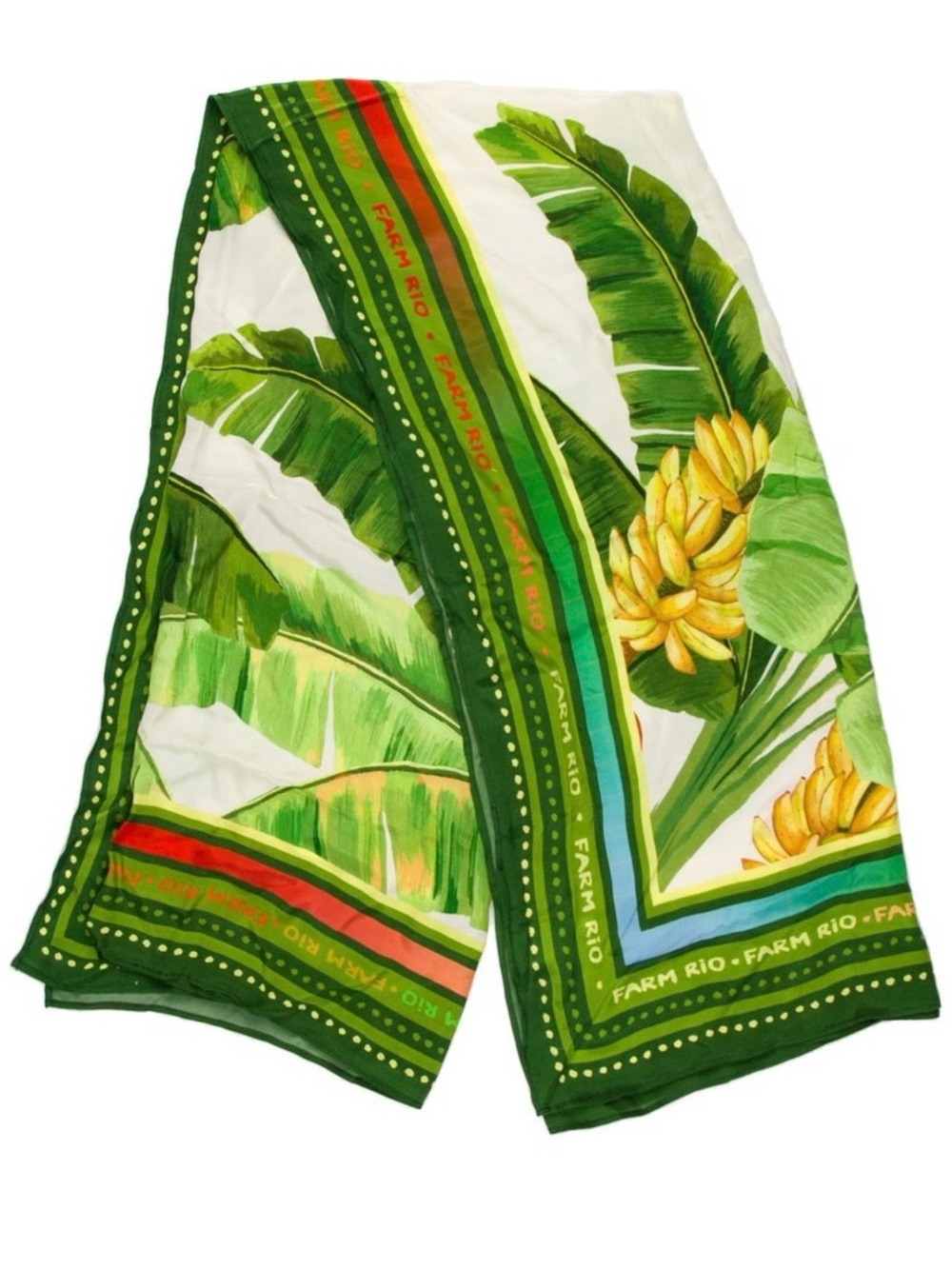 FARM Rio Green Banana Print Silk Scarf with Multicolor Stripes NWT